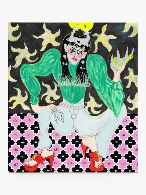 Constance Tenvik, Karma She With Pear, 2021. Gouache, acrylic, pearl, glitter, pastel on canvas, 150 x 130 cm (59 x 51 in)