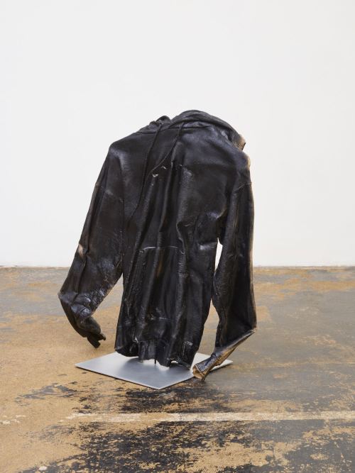 Tarik Garrett, Untitled (hoodie), 2018. Mixed media on sweatshirt, Sculpture 73 x 59 x 25 cm (on steel armature on an aluminum base 32 x 32 cm)
