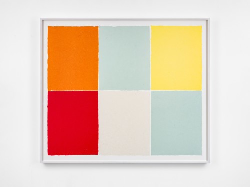 Ethan Cook, Two Baby Blues, White, Yellow, Red, Orange, 2020. Handmade pigmented paper, 28 x 33 in, 72 x 85 cm