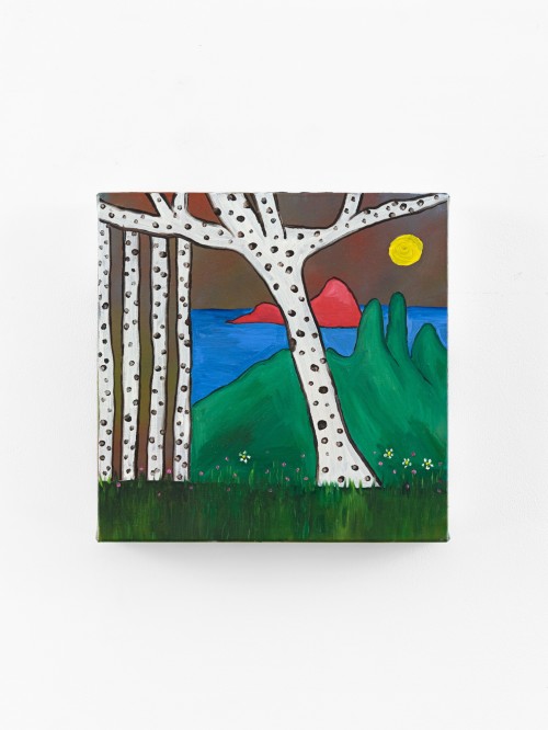 Mickey Lee, Landscape with Spotted Trees (the vast greenness of home), 2024. Oil on canvas, 10 x 10 in (25 x 25 cm)