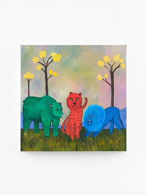 Mickey Lee, Lions, and Tigers, and Bears, 2024. Oil on canvas, 18 x 18 in (46 x 46 cm)