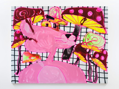 Katherine Bernhardt, Pepto Bismol, 2024. Acrylic and spray paint on canvas, 96 x 120 in (244 x 305 cm)