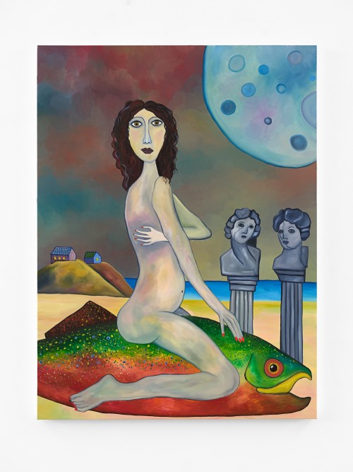 Mickey Lee, Lady and Brook Trout Ashore, 2024. Oil on canvas, 48 x 36 in (122 x 91 cm)